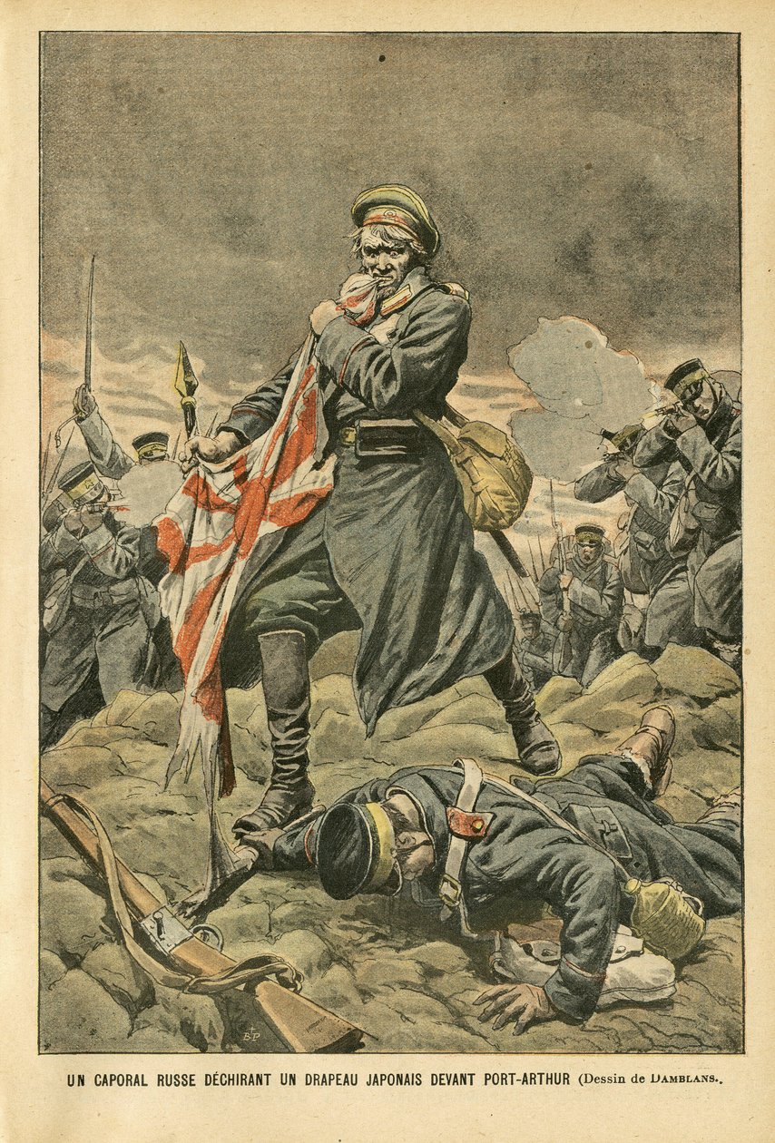 Illustration of Eugene Damblans (1865-1945) in Le Pelerin, 01/01/05 - A Russian corporal tearing a Japanese flag in front of Port Arthur by Eugene Damblans