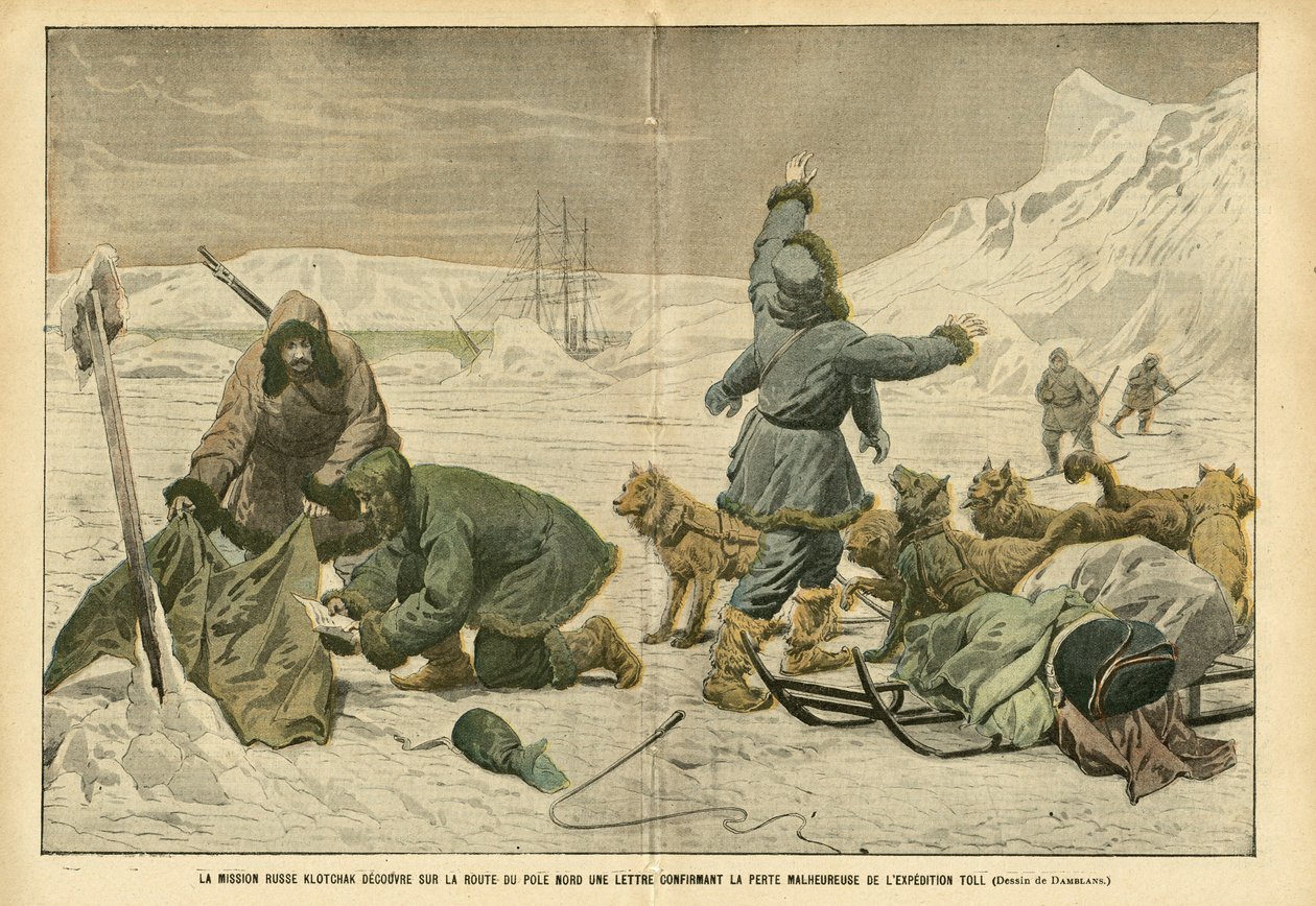 Illustration of Eugene Damblans (1865-1945) in Le Pelerin, 02/04/05 - The Russian Mission Klotchak Discovers on the North Pole Road a Letter Confirming the Unfortunate Loss of the Expedition Toll by Eugene Damblans
