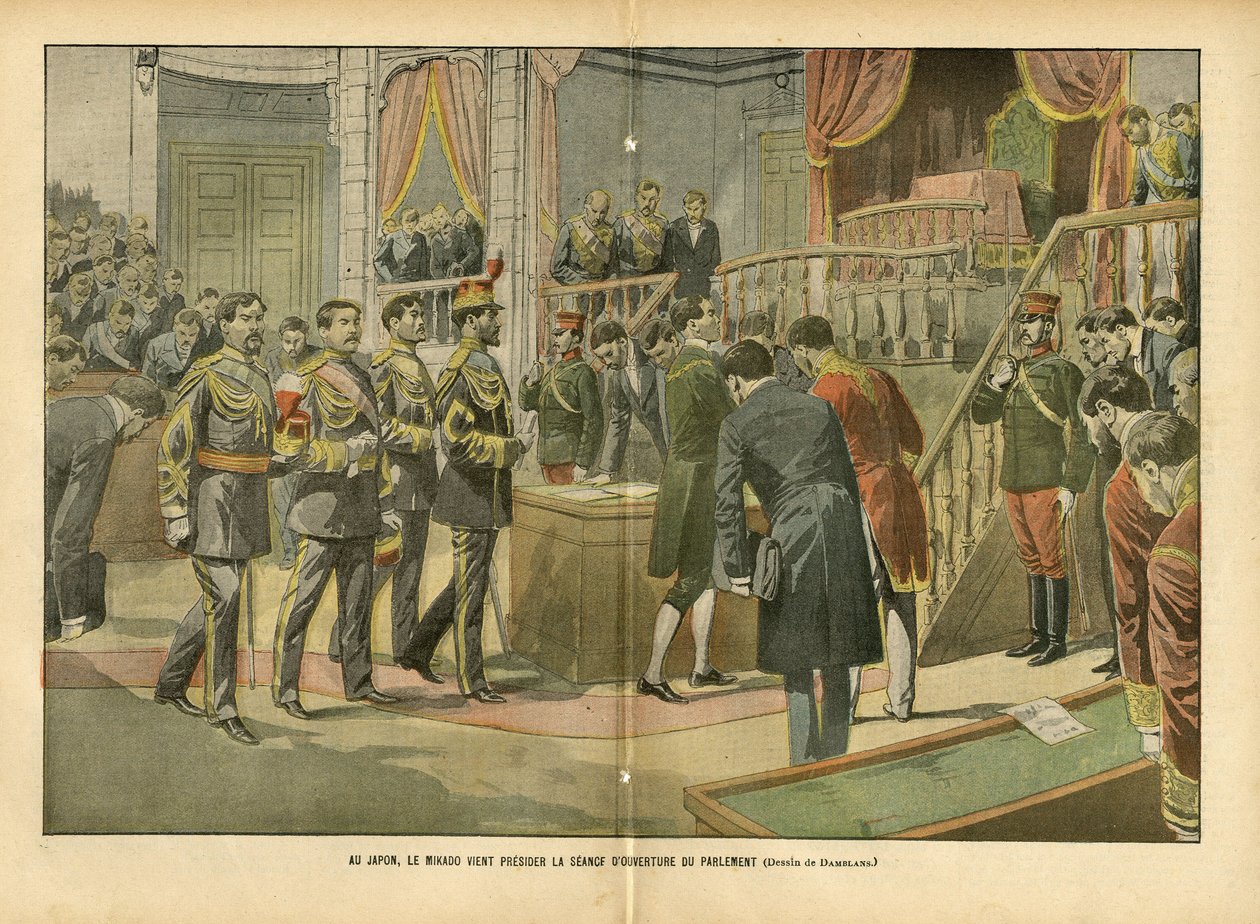 Illustration of Eugene Damblans (1865-1945) in Le Pelerin, 03/04/04 - In Japan, Mikado Presiding Over the Opening Session of Parliament by Eugene Damblans
