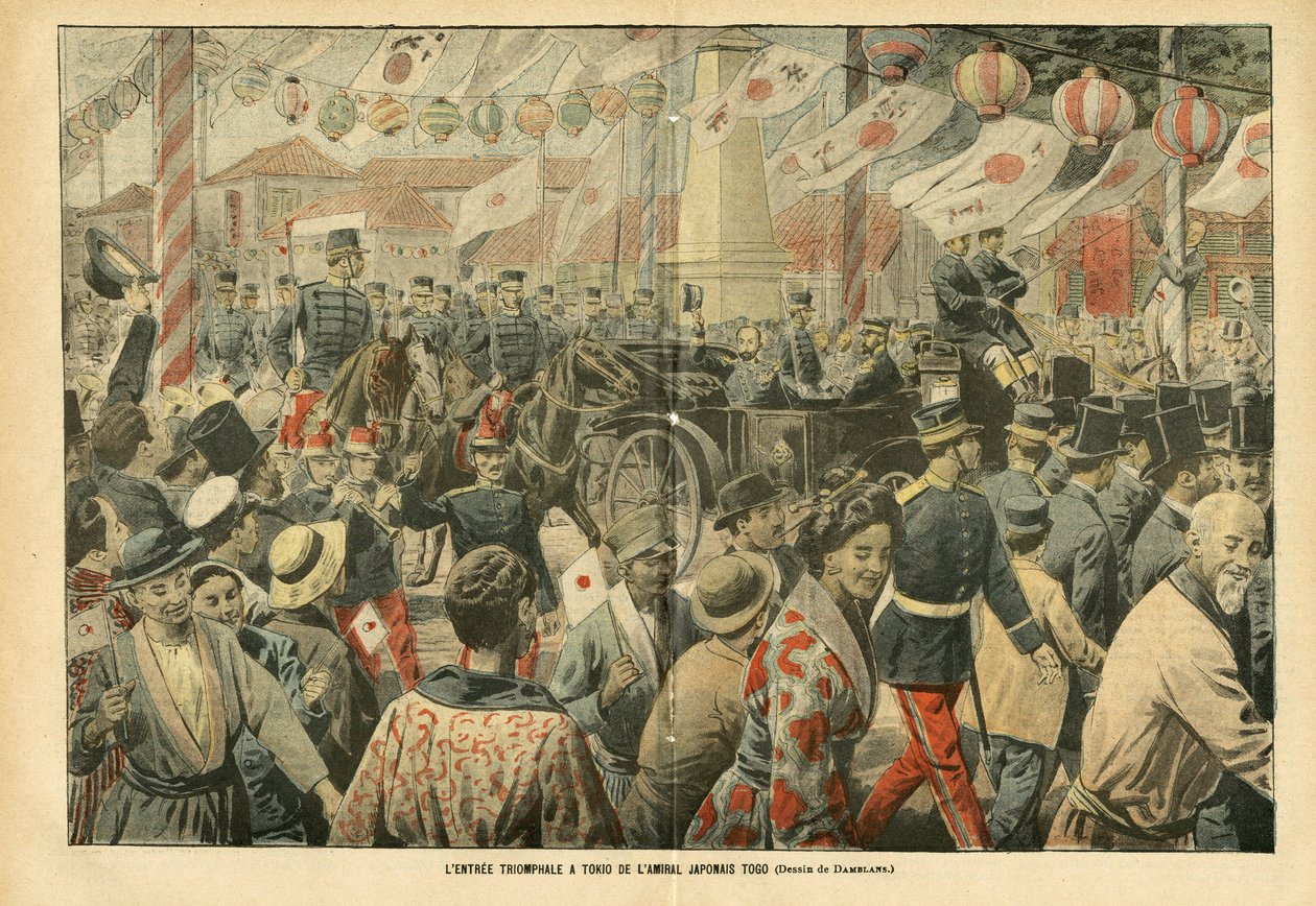Illustration of Eugene Damblans in Le Pelerin, 05/11/05 - The triumphal entrance to Tokio of the Japanese Admiral Togo - Armee, Japan, Crowd, Tokyo - Admiral Admirals, Togo Heihachiro, Civilians by Eugene Damblans