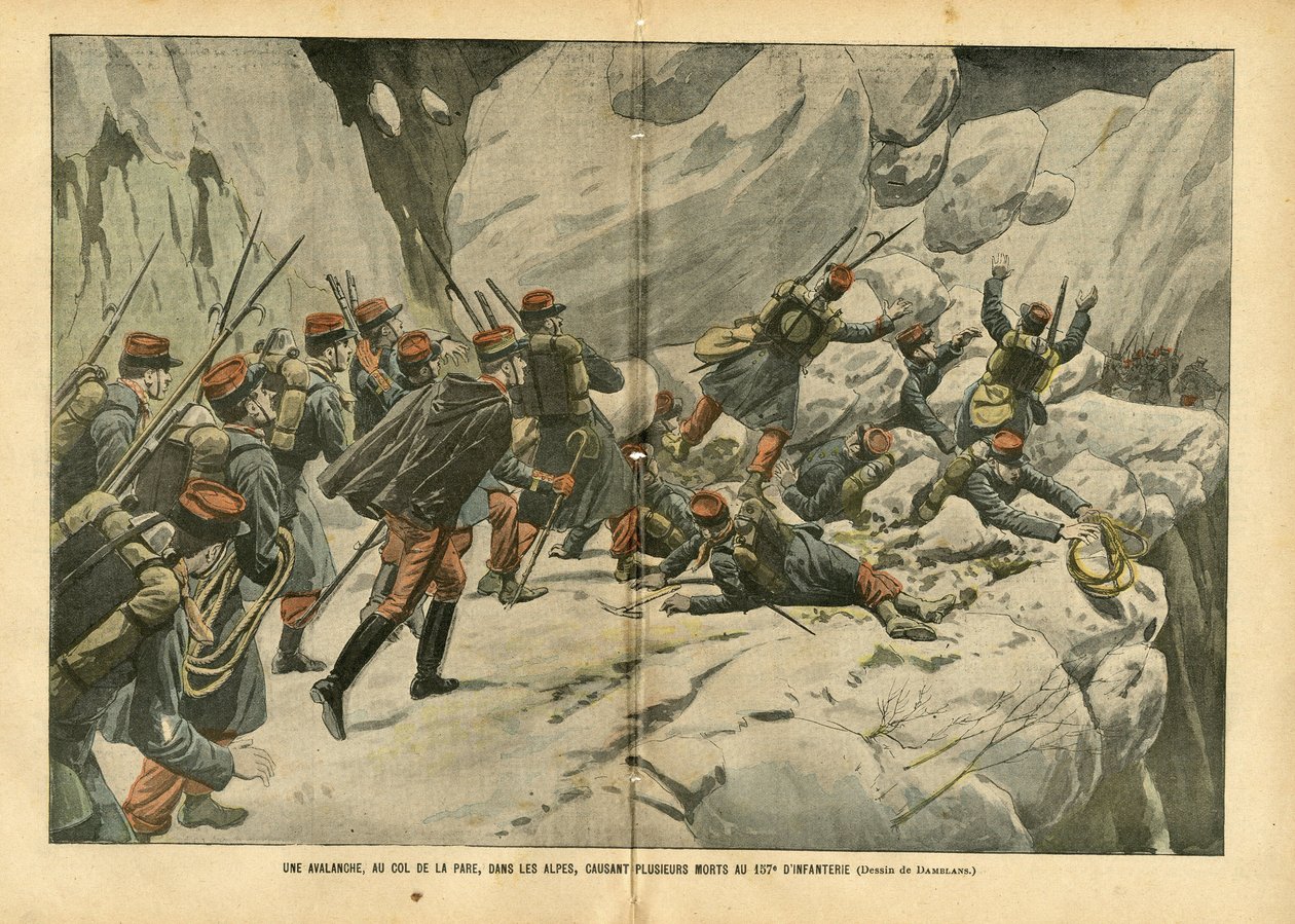Illustration of Eugene Damblans (1865-1945) in Le Pelerin, 06/03/04 - An Avalanche at the Pare Pass in the Alps, Causing Several Deaths at the 157th of Infantry by Eugene Damblans