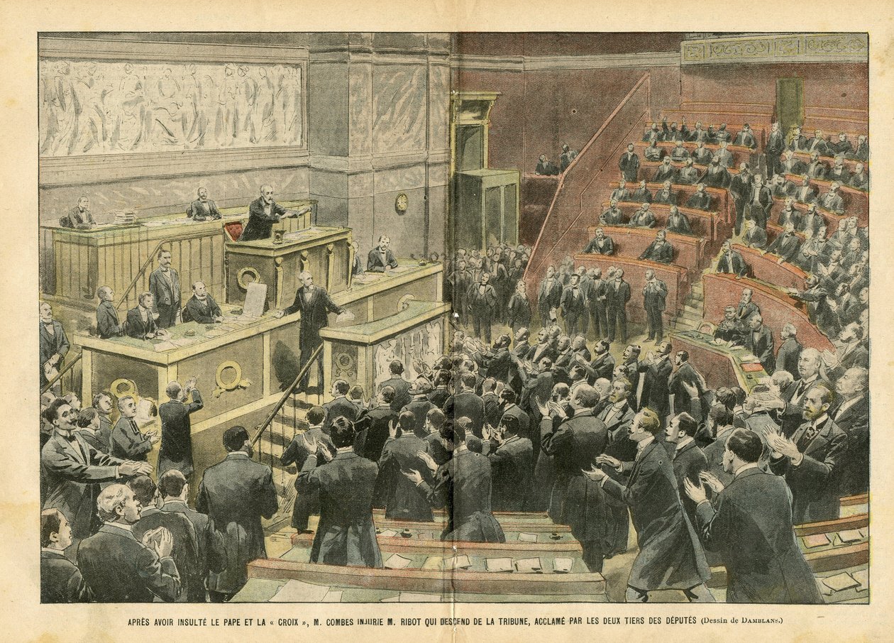 Illustration of Eugene Damblans (1865-1945) in Le Pelerin, 06/11/04 - After Insulting the Pope and The Cross, M. Combes Insulted M. Ribot Who Descended from the Podium, Cheered by Two Thirds of the Deputies by Eugene Damblans