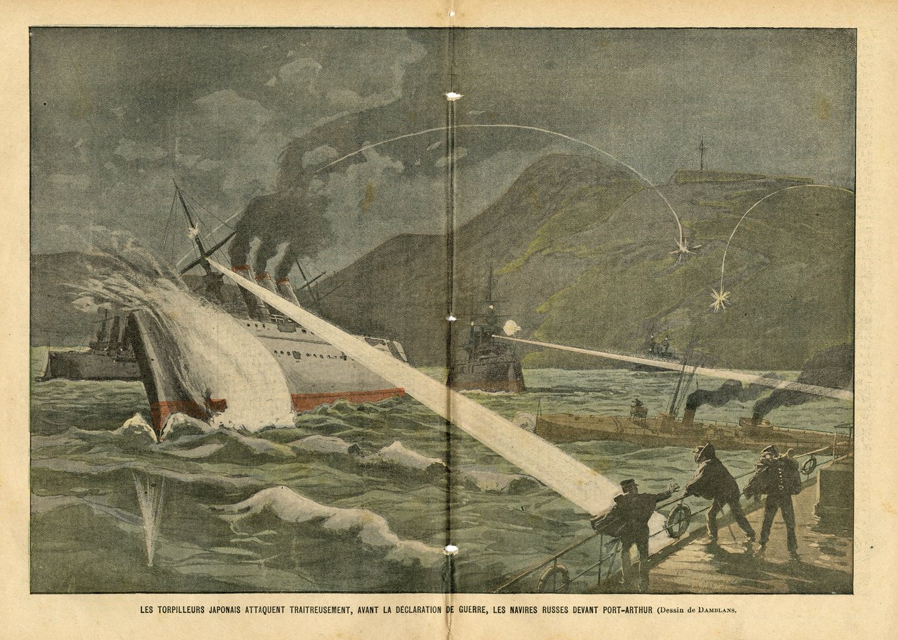 Illustration of Eugene Damblans in Le Pelerin, 21/02/04 - Japanese torpedo attack Russian ships before the declaration of war - Russia, Japan, Maritime Marine Seaside, Port Arthur, Russian-Japanese War, Warships by Eugene Damblans