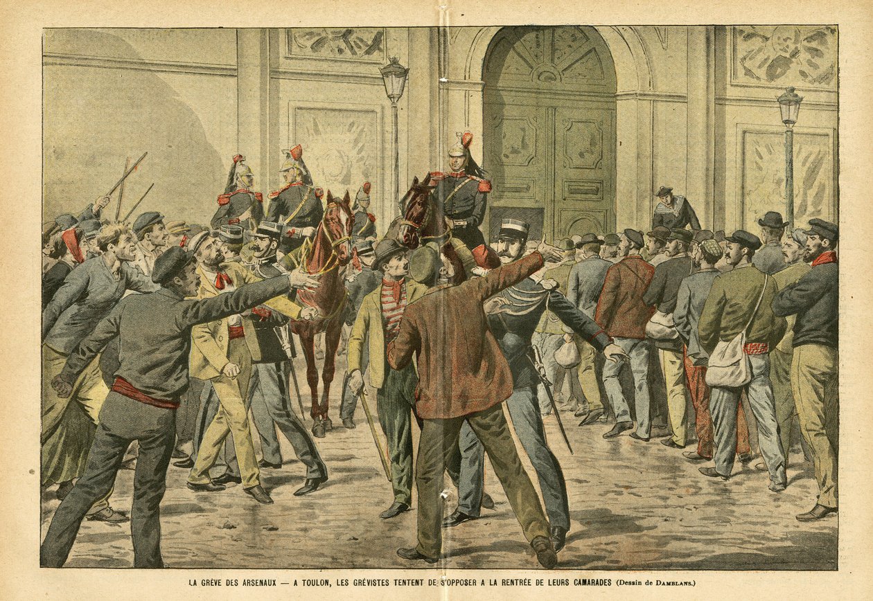 Illustration of Eugene Damblans (1865-1945) in Le Pelerin, 26/11/05 - The Strike of the Arsenals in Toulon, the Strikers Try to Oppose the Rent of Their Comrades by Eugene Damblans