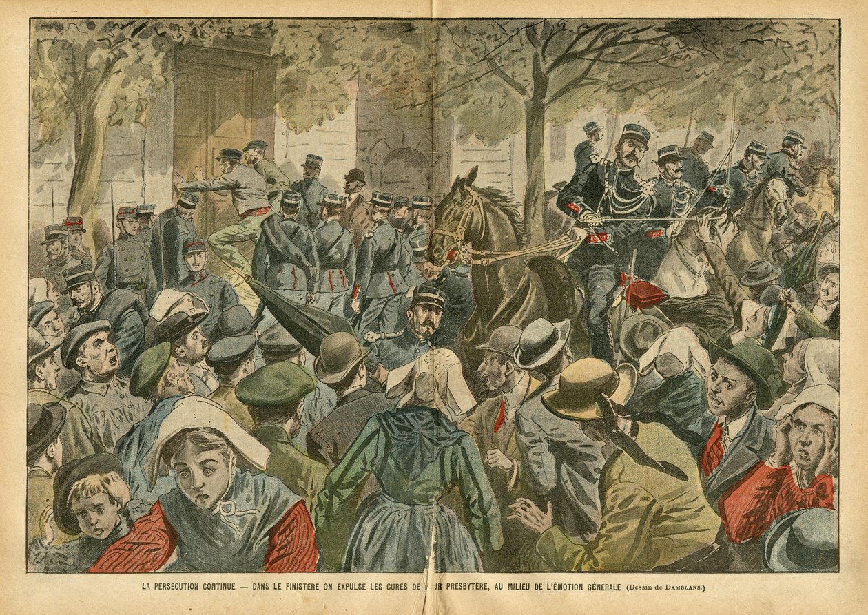 Illustration of Eugene Damblans (1865-1945) in Le Pelerin, 27/10/07 - Persecution Continues in Finistere, the Cures of Their Presbytery Are Expelled in the Middle of General Emotion by Eugene Damblans