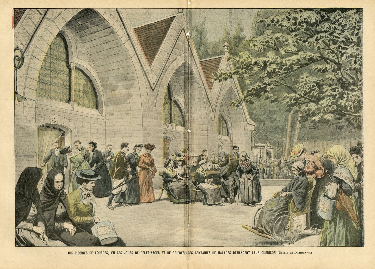 Illustration of Eugene Damblans (1865-1945) in Le Pelerin, 28/08/04 - At the pools of Lourdes, in these days of pilgrimages and prayers, hundreds of patients are asking for their war by Eugene Damblans
