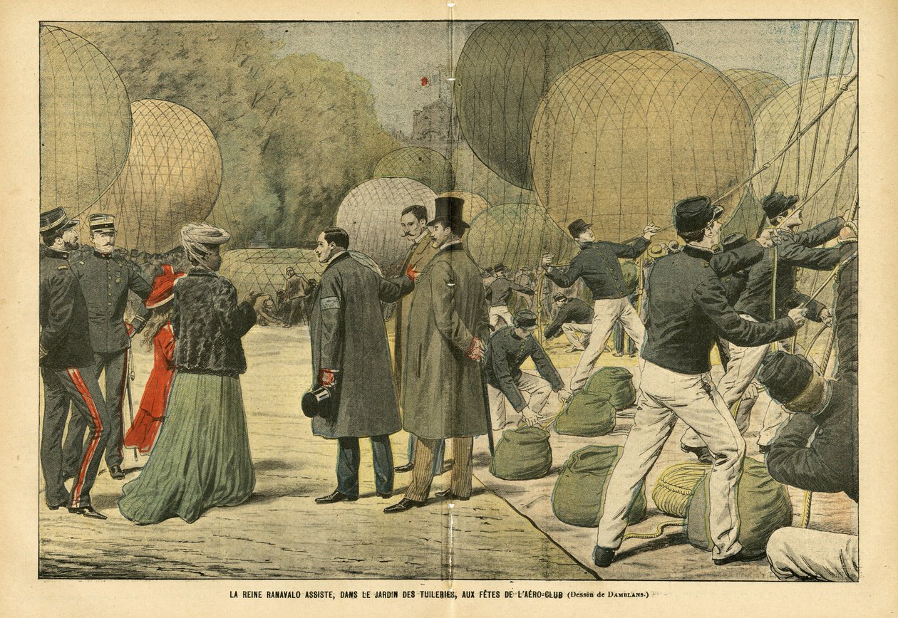 Queen Ranavalo attends, in the Tuileries Garden, the Aero-Club party - Balloons airships zeppelins aerostation, Paris, Madagascar, Public Garden, Foreign Sovereigners, Tuileries by Eugene Damblans