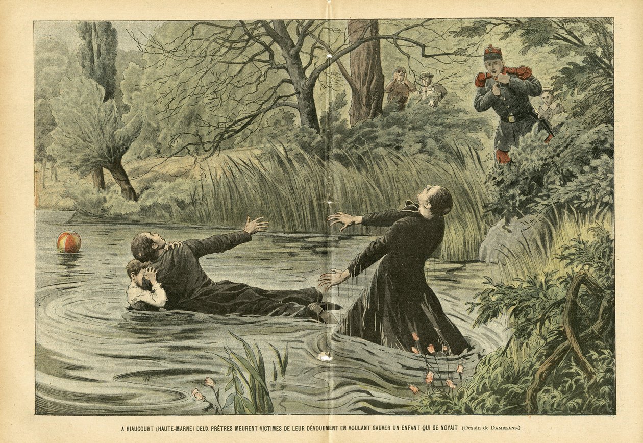 Illustration of Eugene Damblans (1865-1945) in Le Pelerin, 30/07/05 - In Riaucourt (Haute-Marne) Two Priests Die Victims of Their Devotion Trying to Save a Drowned Child by Eugene Damblans