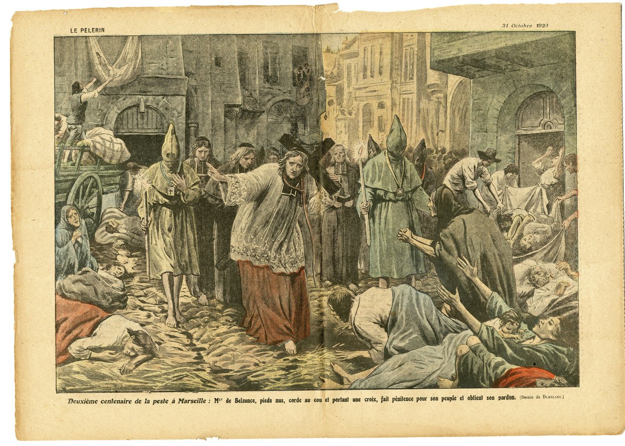 Illustration of Eugene Damblans in Le Pelerin, 31/10/20 - Second centenary of the plague in Marseille - Medical, Religion Faith, Marseille, Plague, Catholic Catholicism - Procession by Eugene Damblans