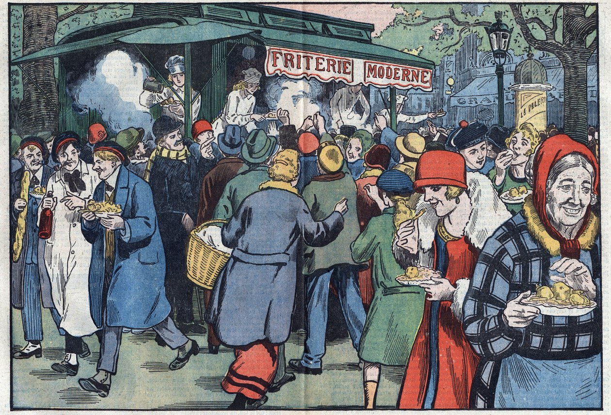 In Paris, a street fries (French fries dealer), encouraged by the government, travels through the various neighbourhoods to encourage the population to eat fish. Illustration of Damblans. In “Le Pelerin” of April 11 by Eugene Damblans