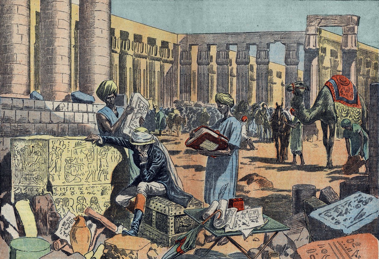Jean Francois Champollion (1790-1832), a French egyptologist, studying an inscription among the colonnades of Thebes by Eugene Damblans
