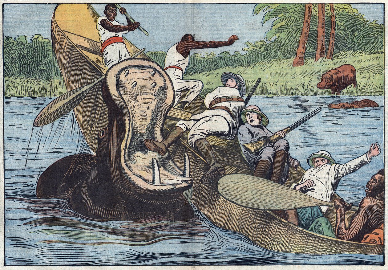 On Lake Victoria, Africa, a boat occupied by Anglican missionaries and indigenous people is capsized by a wounded hippo. Illustration of Damblans. In “Le Pelerin” of May 16 by Eugene Damblans