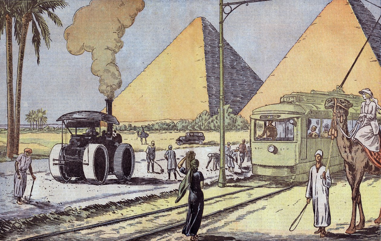 View of Giza Pyramids in Egypt, Illustration by Eugene Damblans from French Paper 