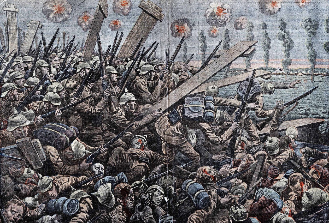 War 1914-1918. Front of Belgium 1914. German soldiers on the Yser. Drawing by Damblans. by Eugene Damblans