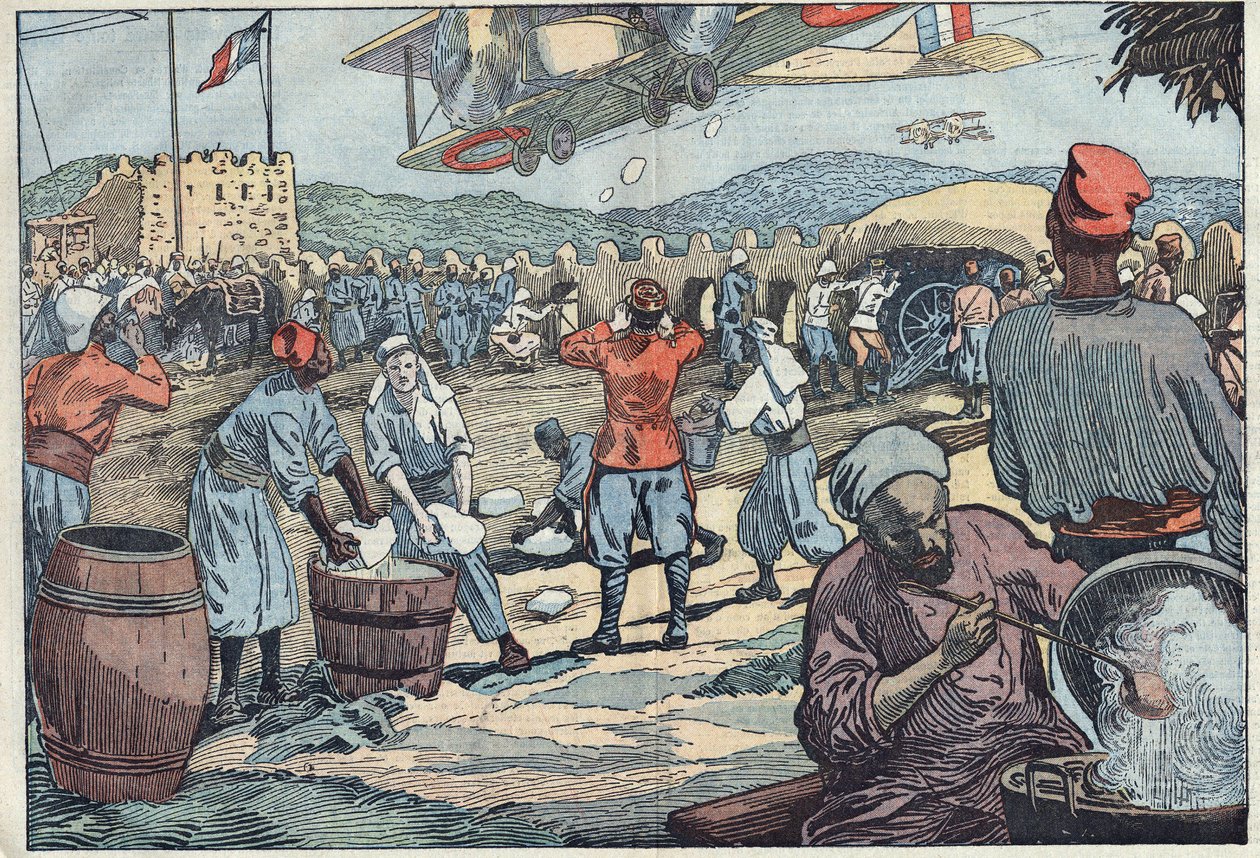 War in Morocco: French planes supply ice to a blockhouse siege by dissident Moroccans. Illustration of Damblans. In “Le Pelerin” of May 24 by Eugene Damblans