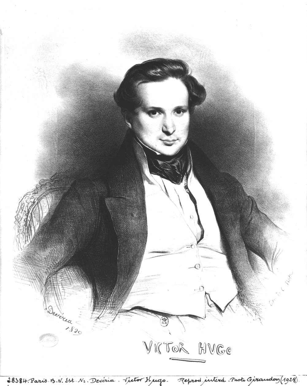 Portrait of Victor Hugo, engraved by Charles Etienne Pierre Motte, 1829 by Eugene Deveria