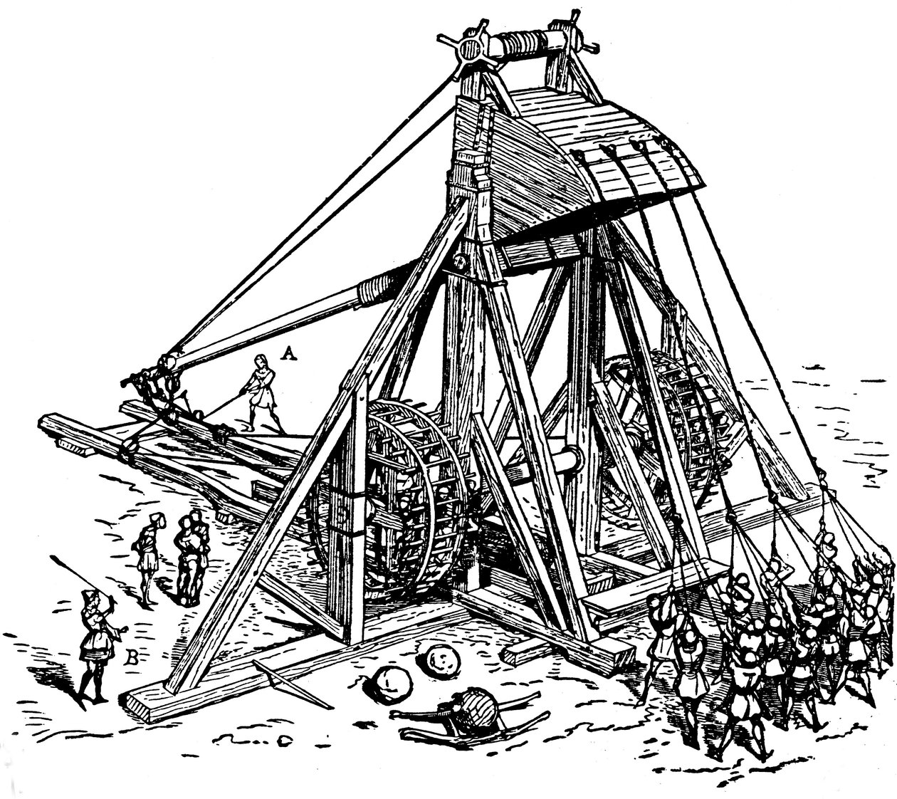 Reconstruction of a huge catapult (counterweight trebuchet type), called mangonneau by Eugene Emmanuel Viollet le Duc