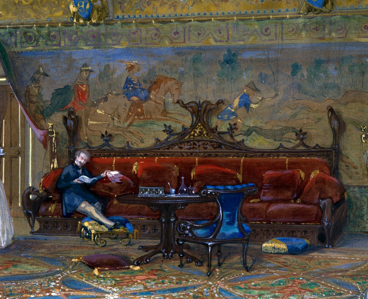 Design of a Gothic style hall for Chateau de Pierrefonds, with the emperor and empress by Eugene Emmanuel Viollet le Duc