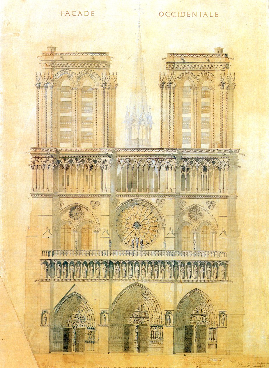 Project for restoration of west facade of Notre Dame cathedral in Paris with reconstruction of the spire at the crossing, 1843 by Eugene Emmanuel Viollet le Duc