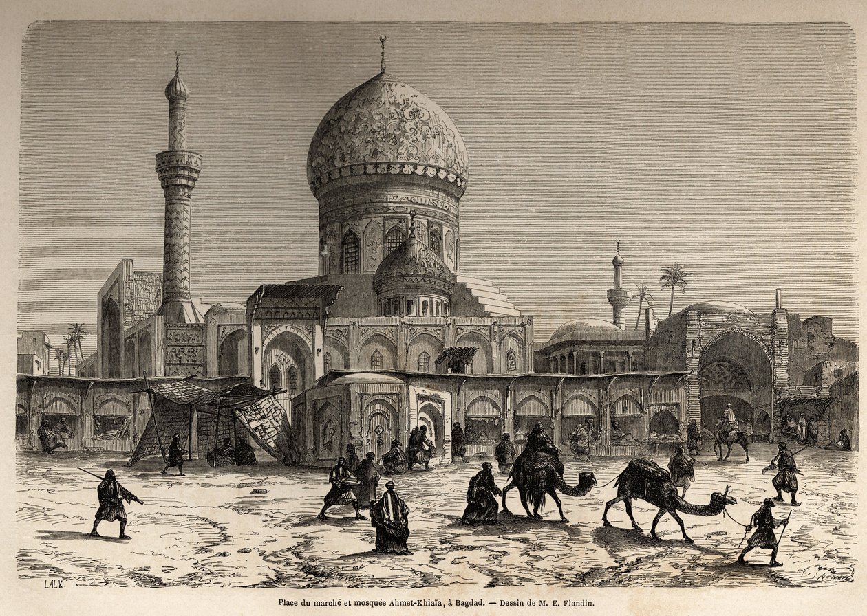 The Marche Square and the Ahmet Khiaia Mosque in Baghdad, drawing by Eugene Flandin, to illustrate his journey to Mesopotamia in 1840-1842. Engraving in Le tour du monde 1861 by Eugene Flandin