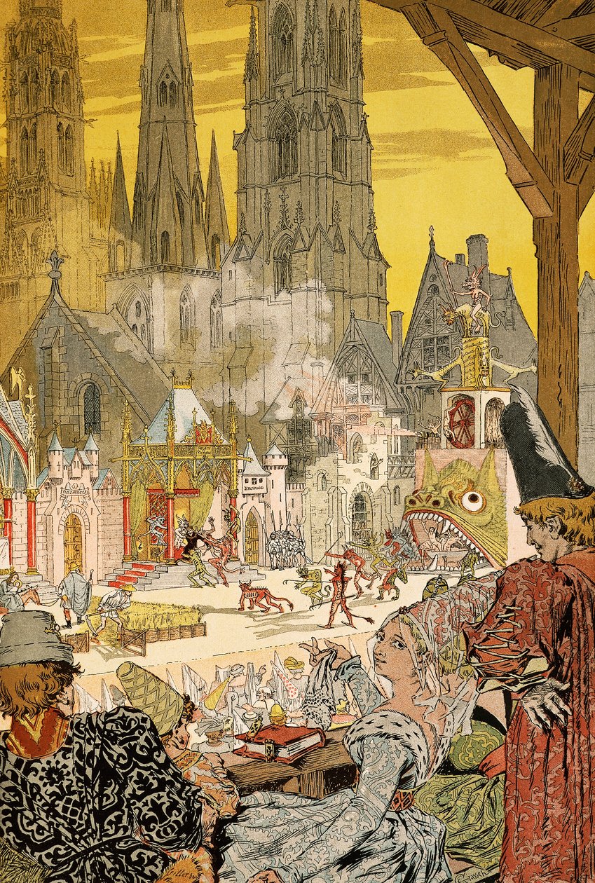 Depiction of Mystery in Churchyard of Cathedral, Illustration for Notre-Dame de Paris by Eugene Grasset