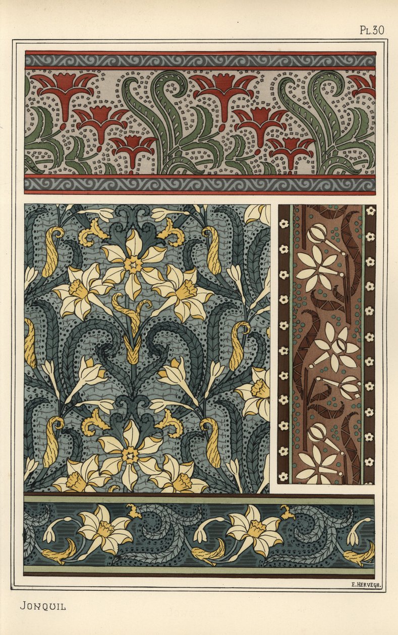 Jonquil, Narcissus jonquilla, as Design Motif in Wallpaper and Fabric Patterns by Eugene Grasset