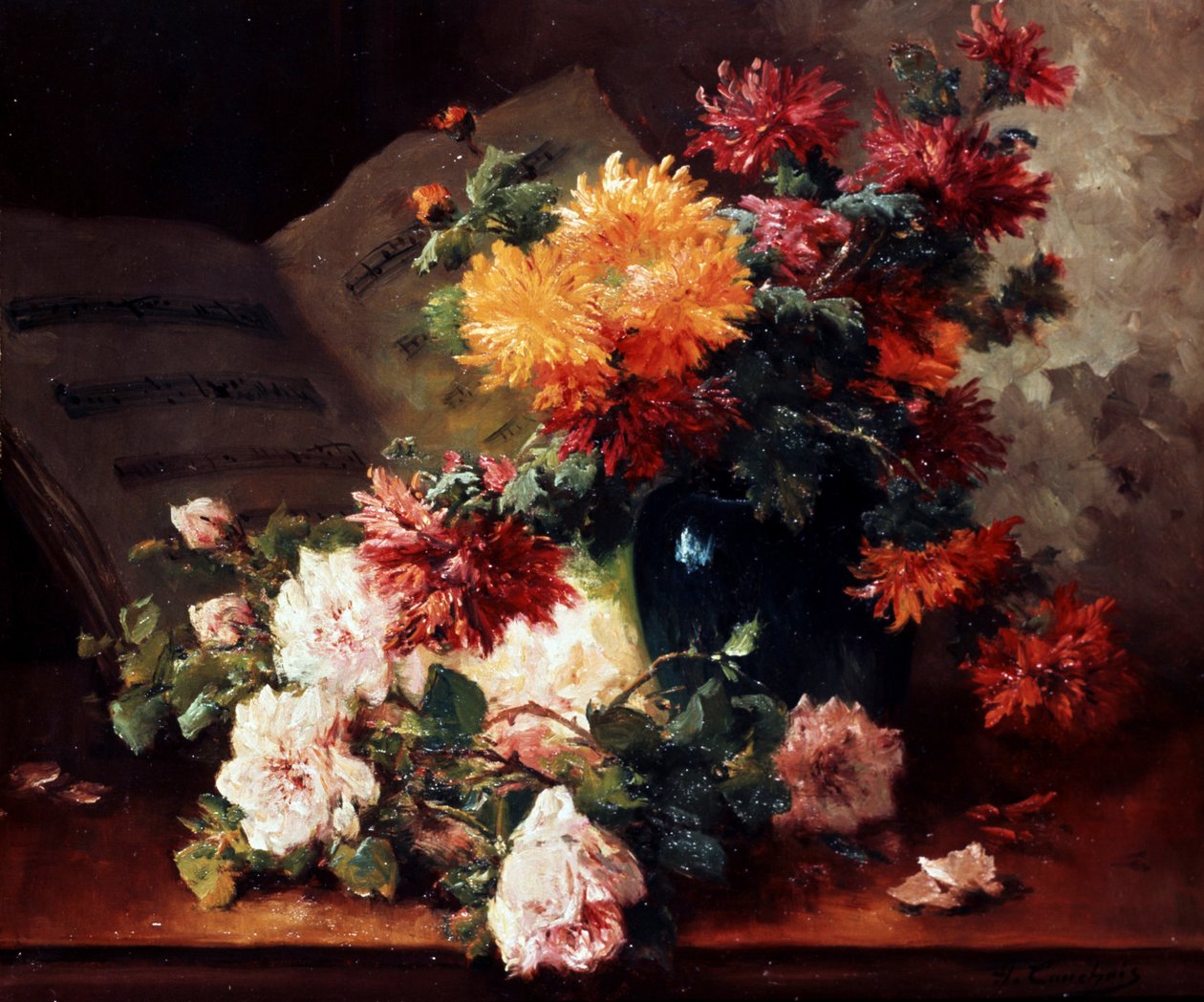 Chrysanthemums and Roses by Eugene Henri Cauchois