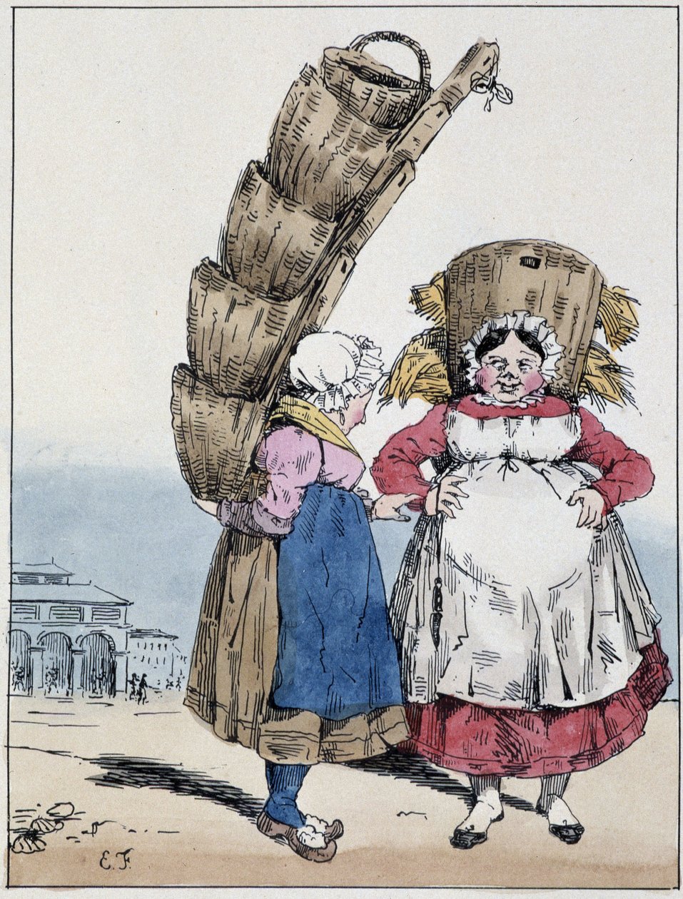 La halle: two women talking and wearing baskets - in "Souvenirs d