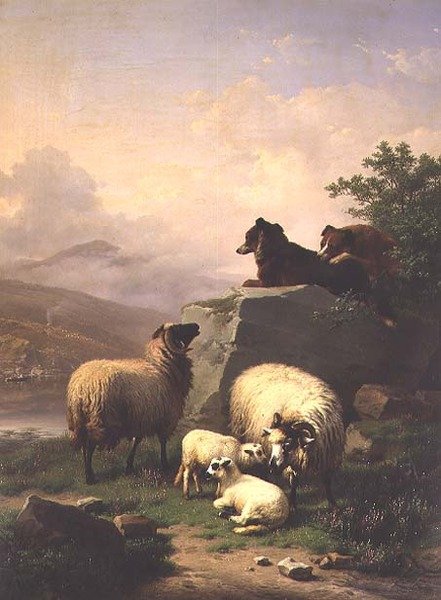 Sheep and lambs with two dogs in a river landscape by Eugene Joseph Verboeckhoven