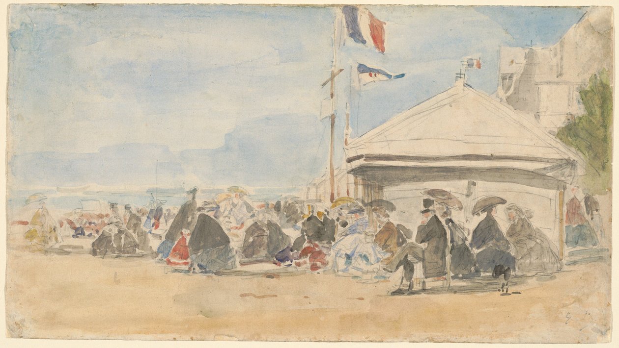 Beach House with Flags at Trouville, c. 1865 by Eugene Louis Boudin