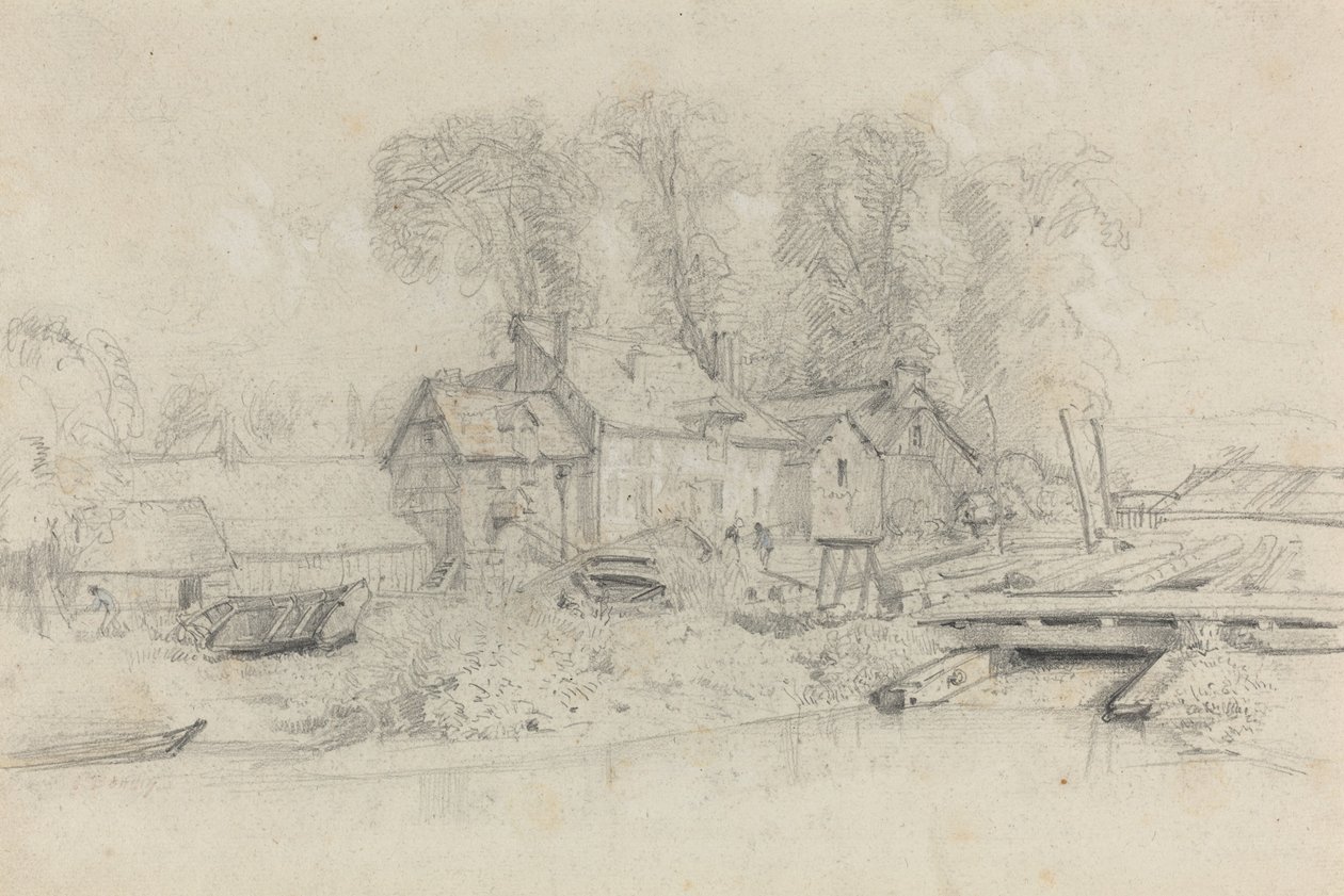 River Landscape with Buildings, Boats, and Figures by Eugene Louis Boudin