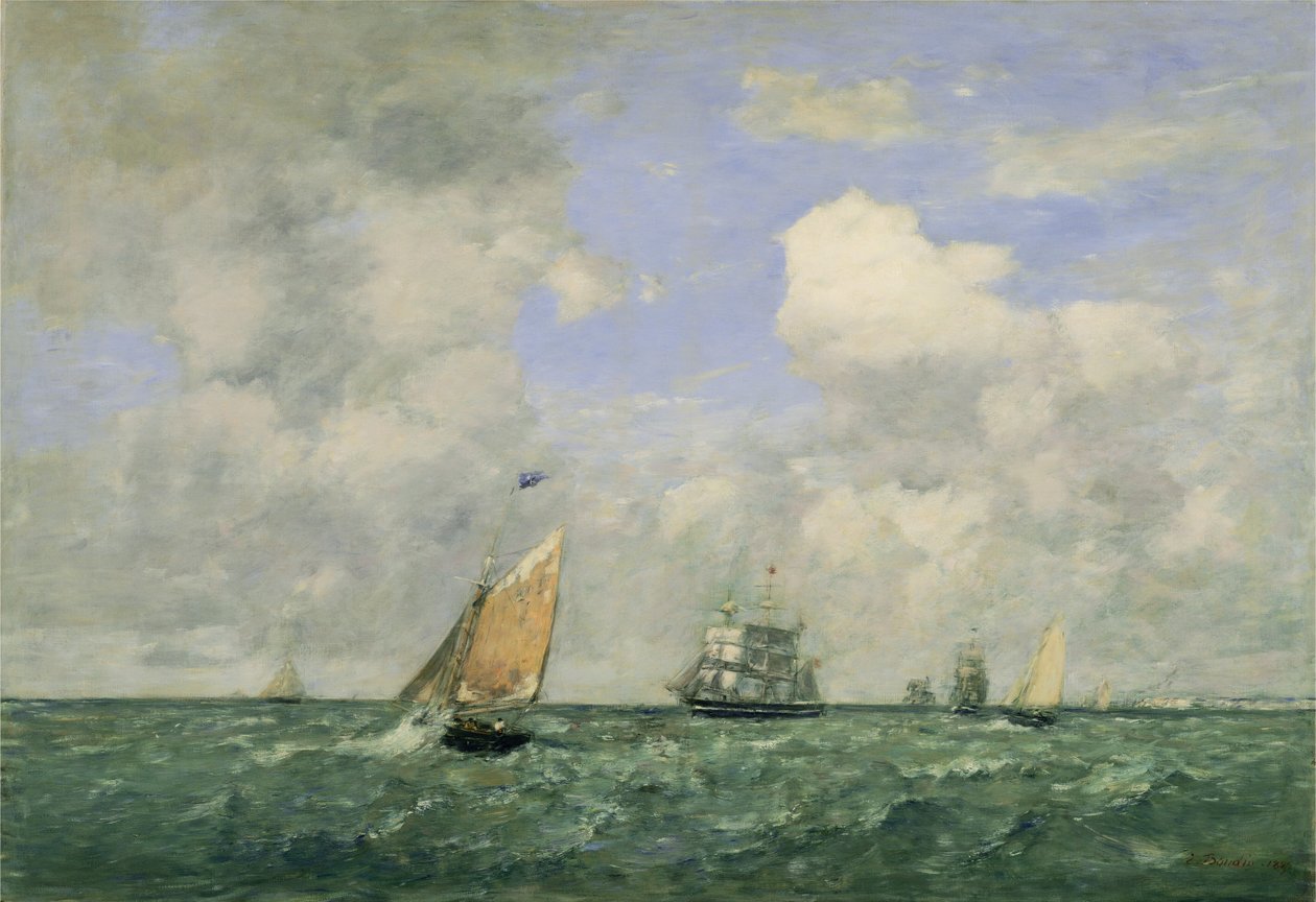 Ships and Sailing Boats Leaving Le Havre by Eugene Louis Boudin