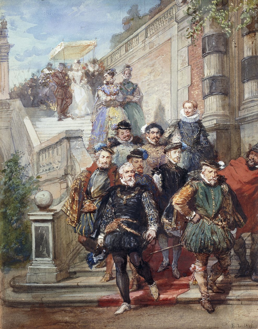 A Royal Procession descending a Stairway in a Garden, 1869 by Eugene Louis Lami