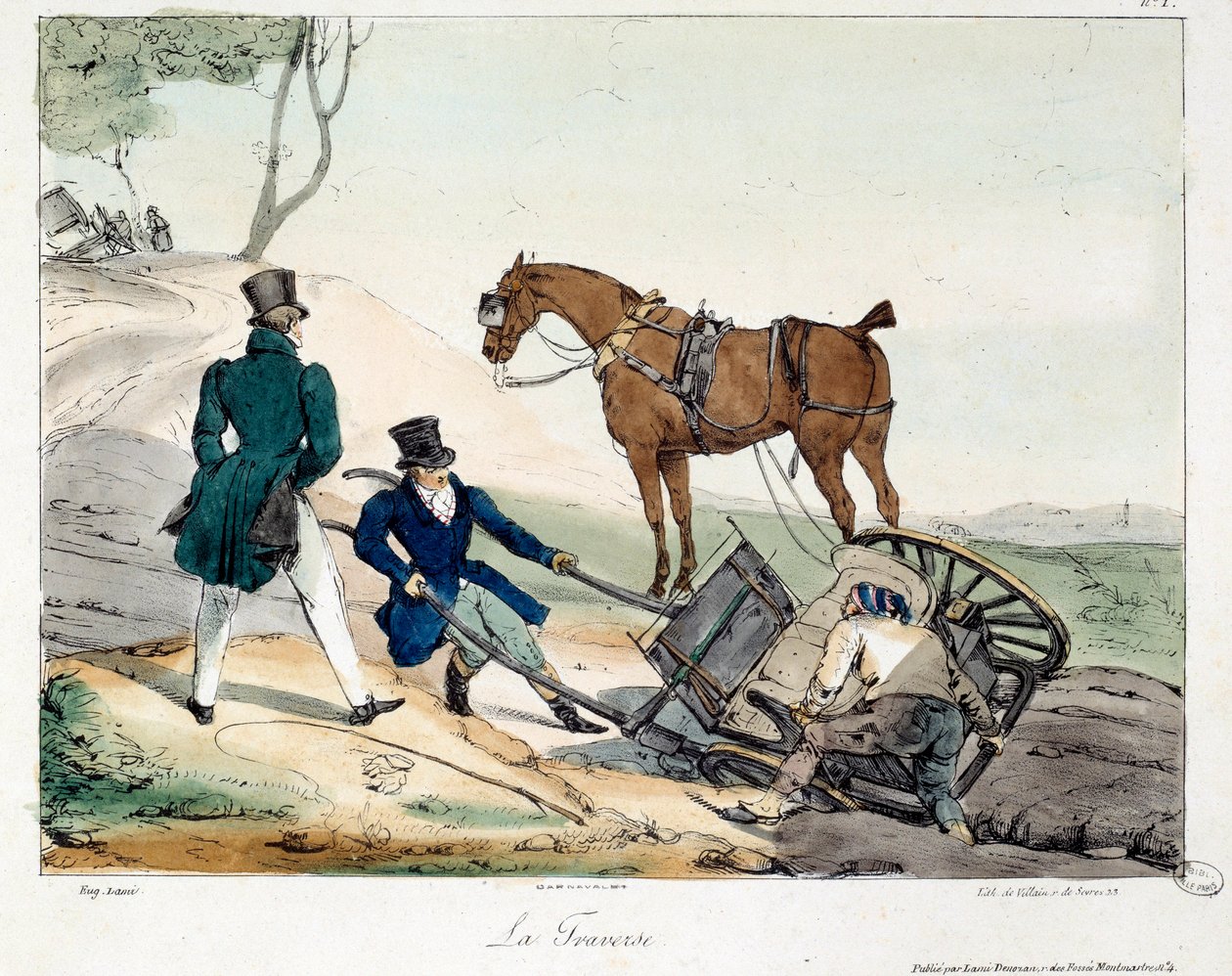 Cart accident caused by the rail. Illustration of the book “La vie de chateau”. Engraving by Eugene Louis Lami by Eugene Louis Lami