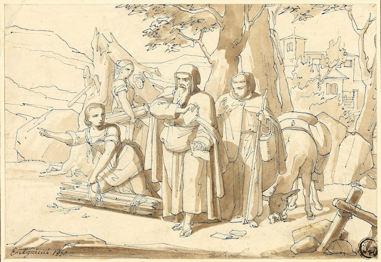 Peasant Woman Giving Directions to Monks by Eugenio Agneni