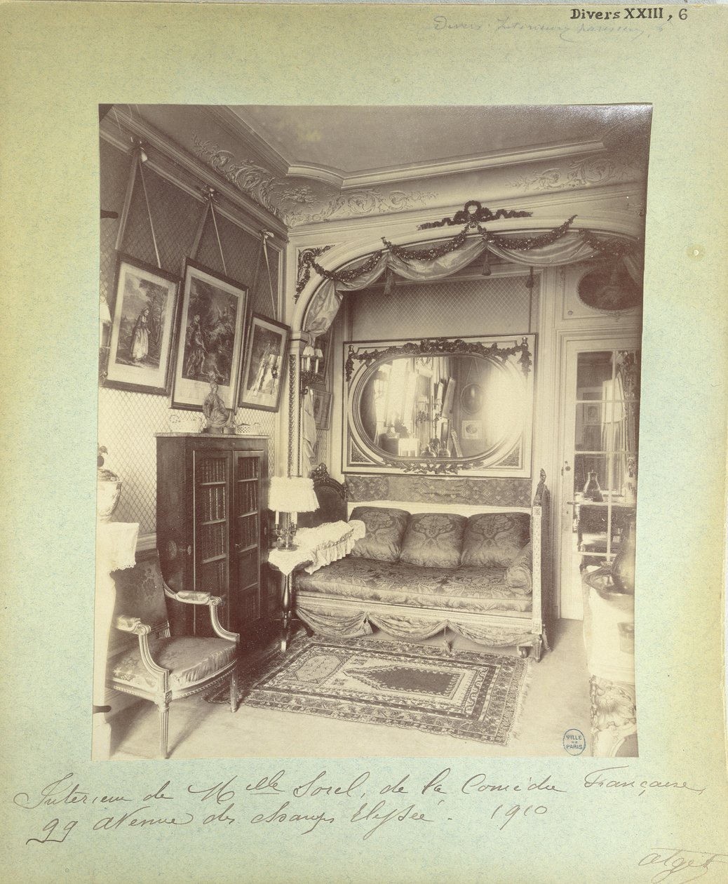 Interior of the home of Cecile Sorel at 99 Avenue des Champs Elysees, 1910 by Eugène Atget