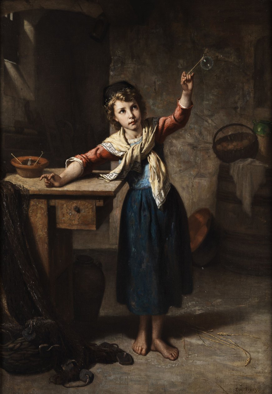 Girl Blowing Soap Bubbles by Eugène François Fines