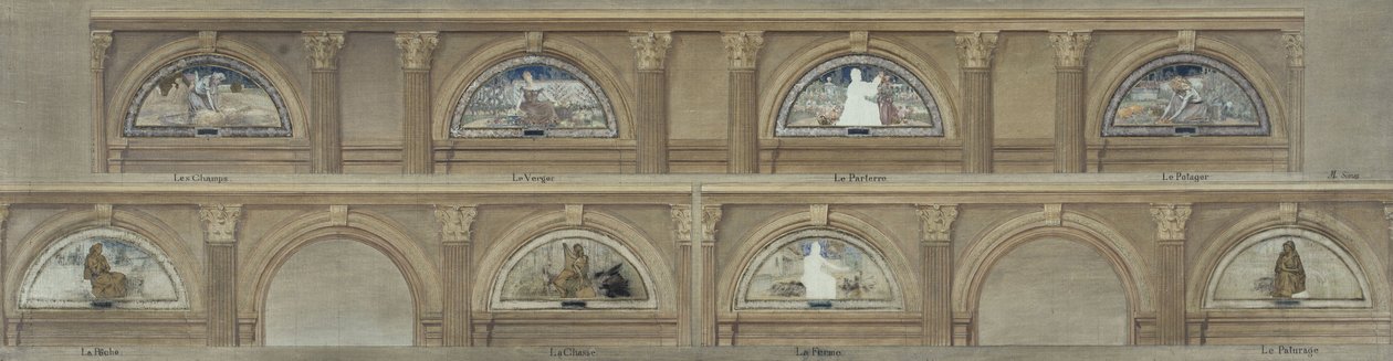 Sketch for the dining room of the Hôtel de Ville de Paris: The Fields. The Orchard. The Flowerbed. The Vegetable Garden. Fishing. Hunting. The Farm. The Pasture, circa 1891 by Eugène-Martial Simas