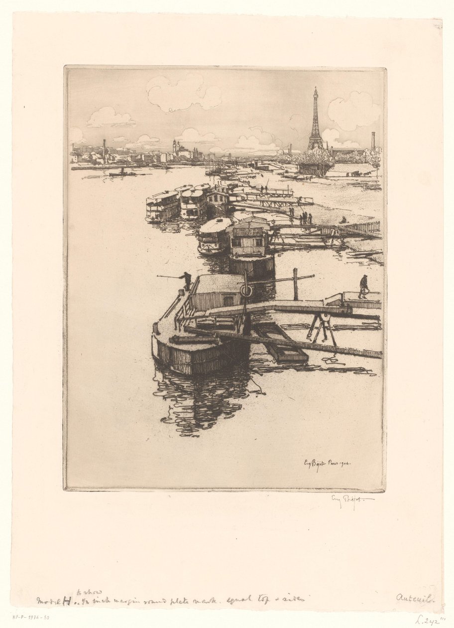 Quay with Omnibus Boats in Paris with the Eiffel Tower in the Background by Eugène Bejot (signed by artist)
