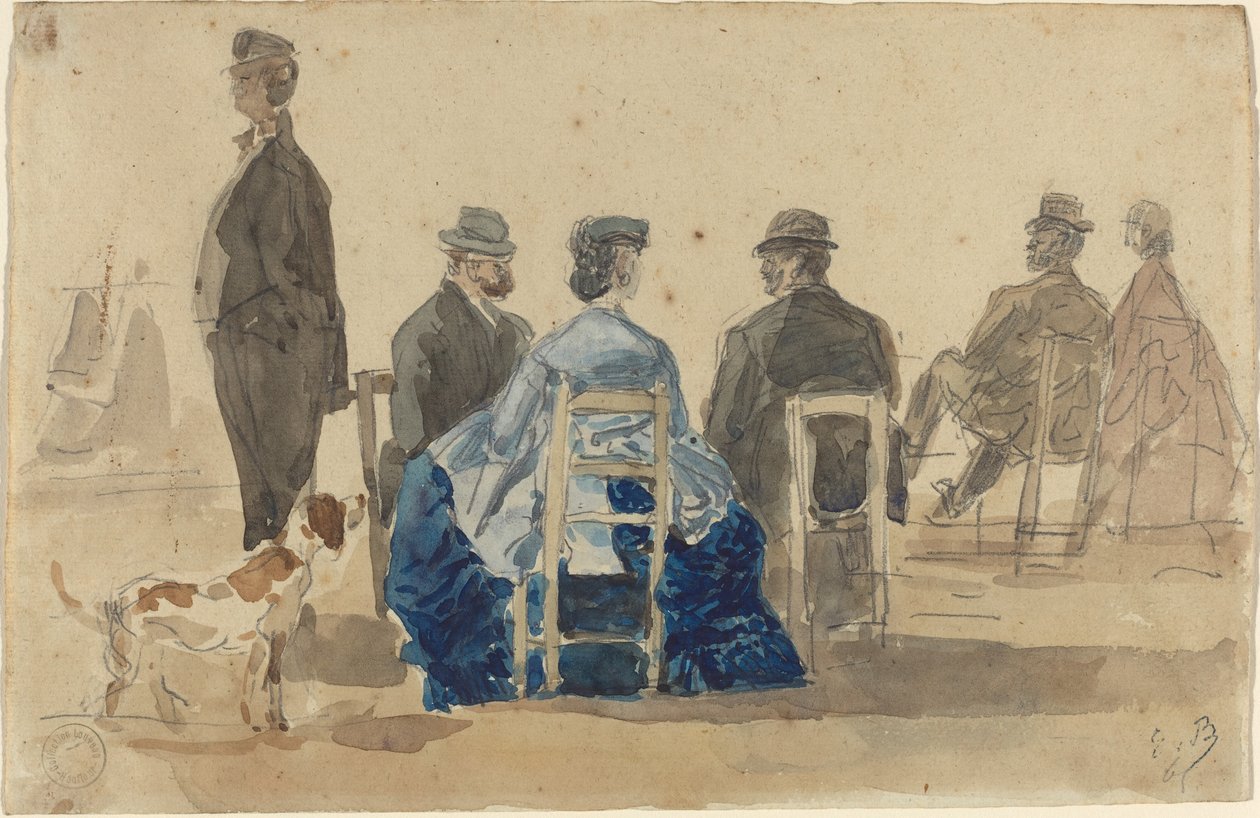 Ladies and Gentlemen Seated on the Beach with a Dog by Eugène Boudin