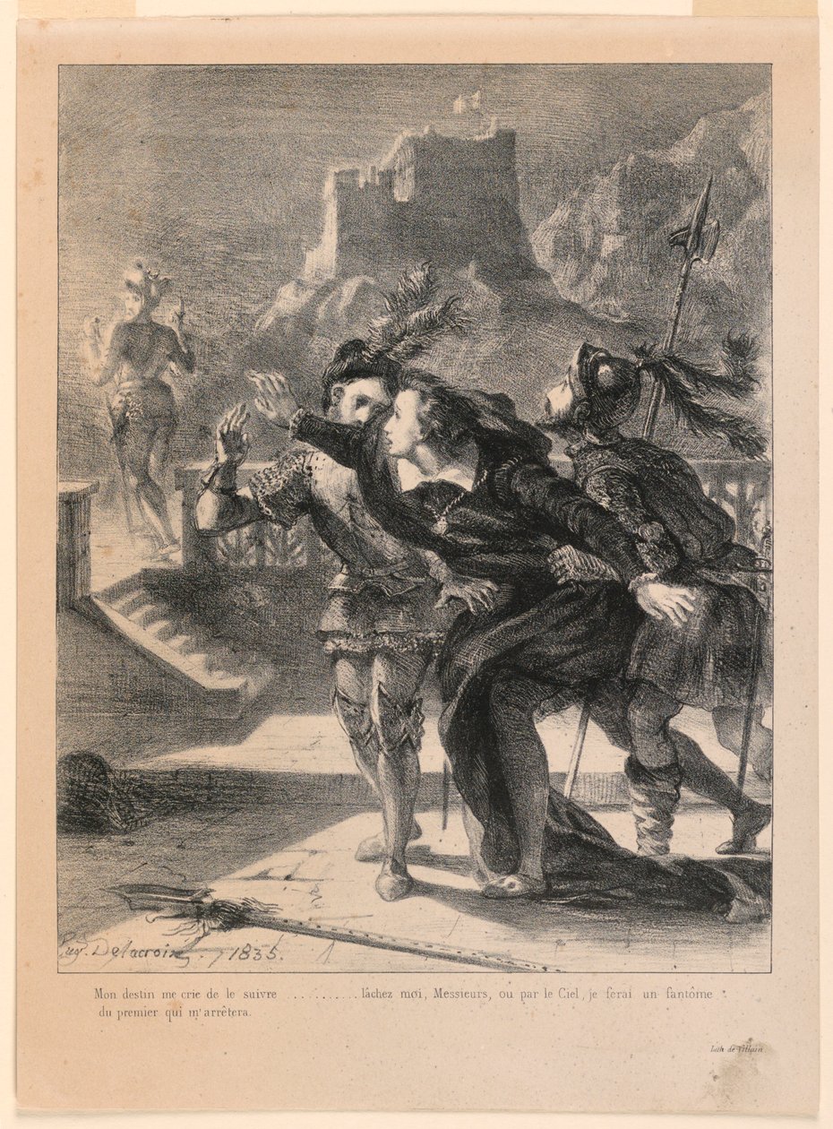 Illustration for Hamlet: Hamlet Tries to Follow the Ghost of His Father (I,4) by Eugène Delacroix