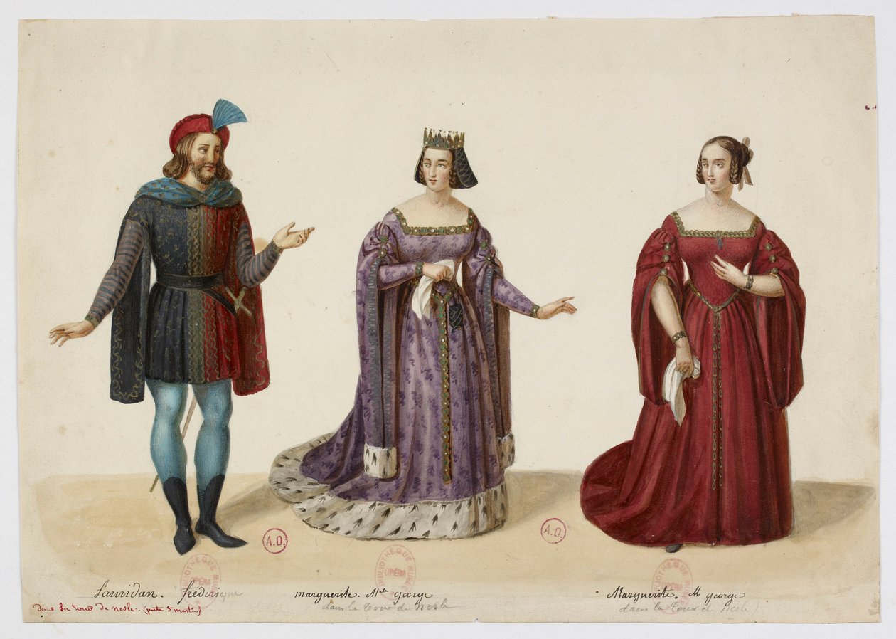Costumes - Frederic Lemaitre as Buridan, Mlle George as Marguerite de Bourgogne (La Tour de Nesle, September 1832) by Eugène Du Faget