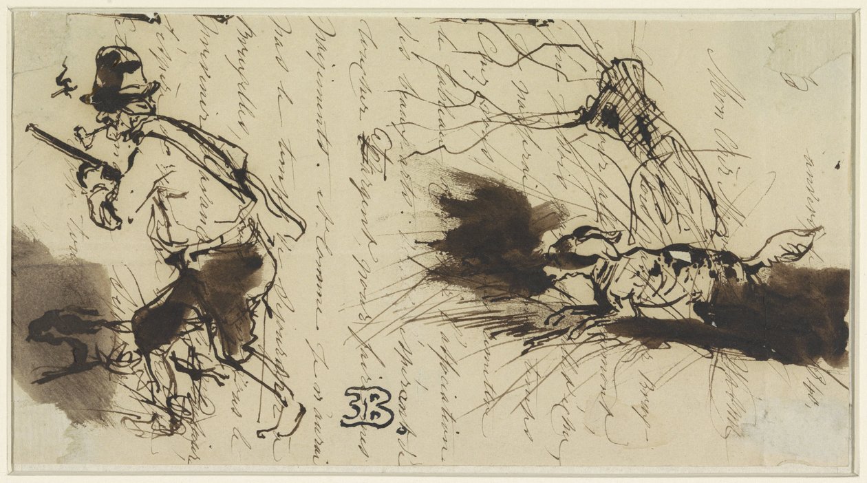 Hunter with dog, drawn over a letter by Eugène François de Block