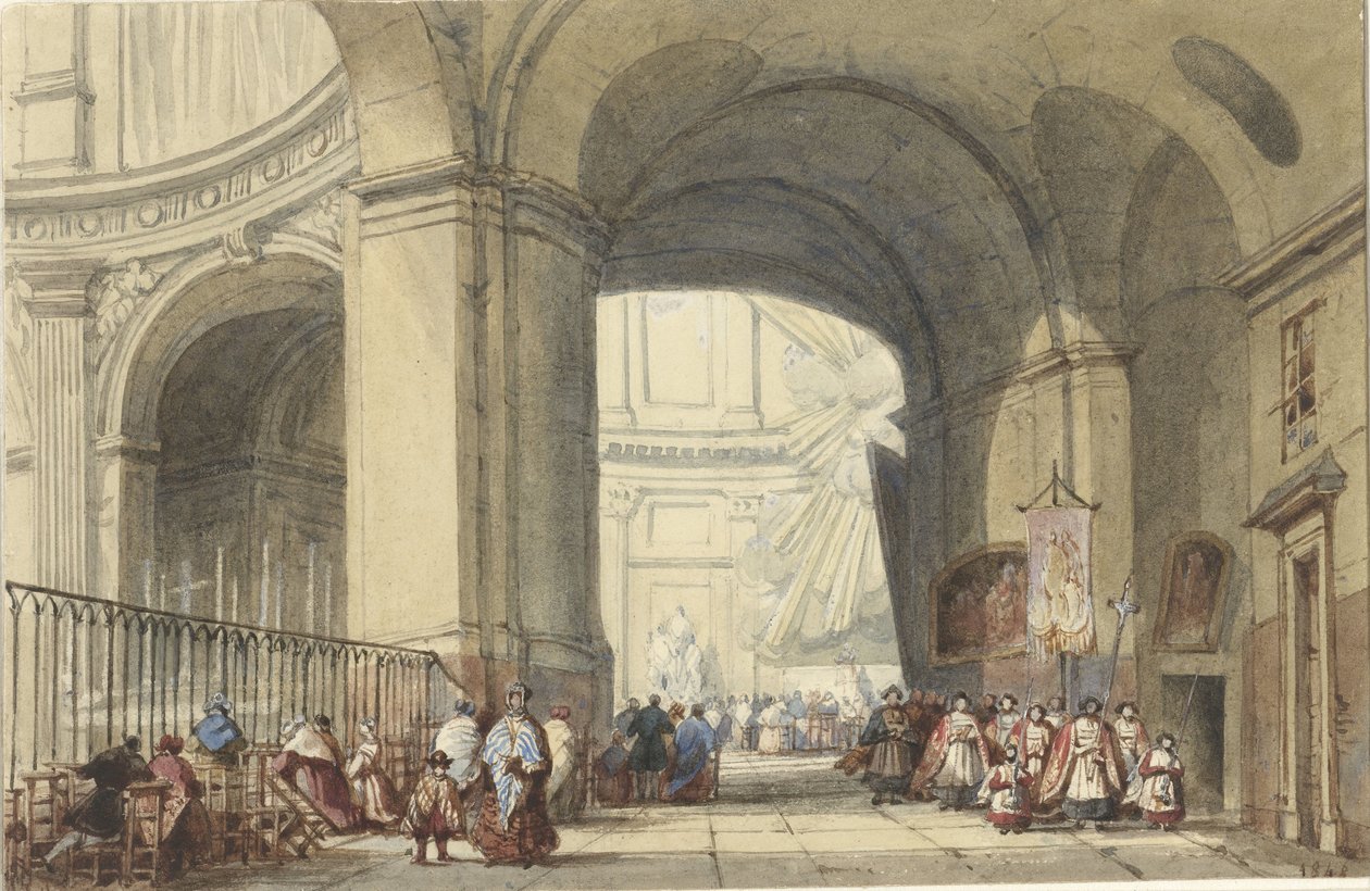 Interior of S. Roche in Paris, with a Procession in the Foreground by Eugène Louis Lami (possibly)