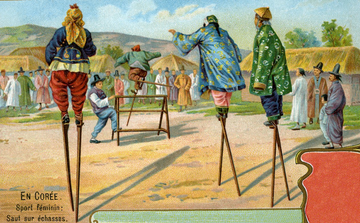Korean women on stilts playing a game of jumping over hurdles, 1904 by European School