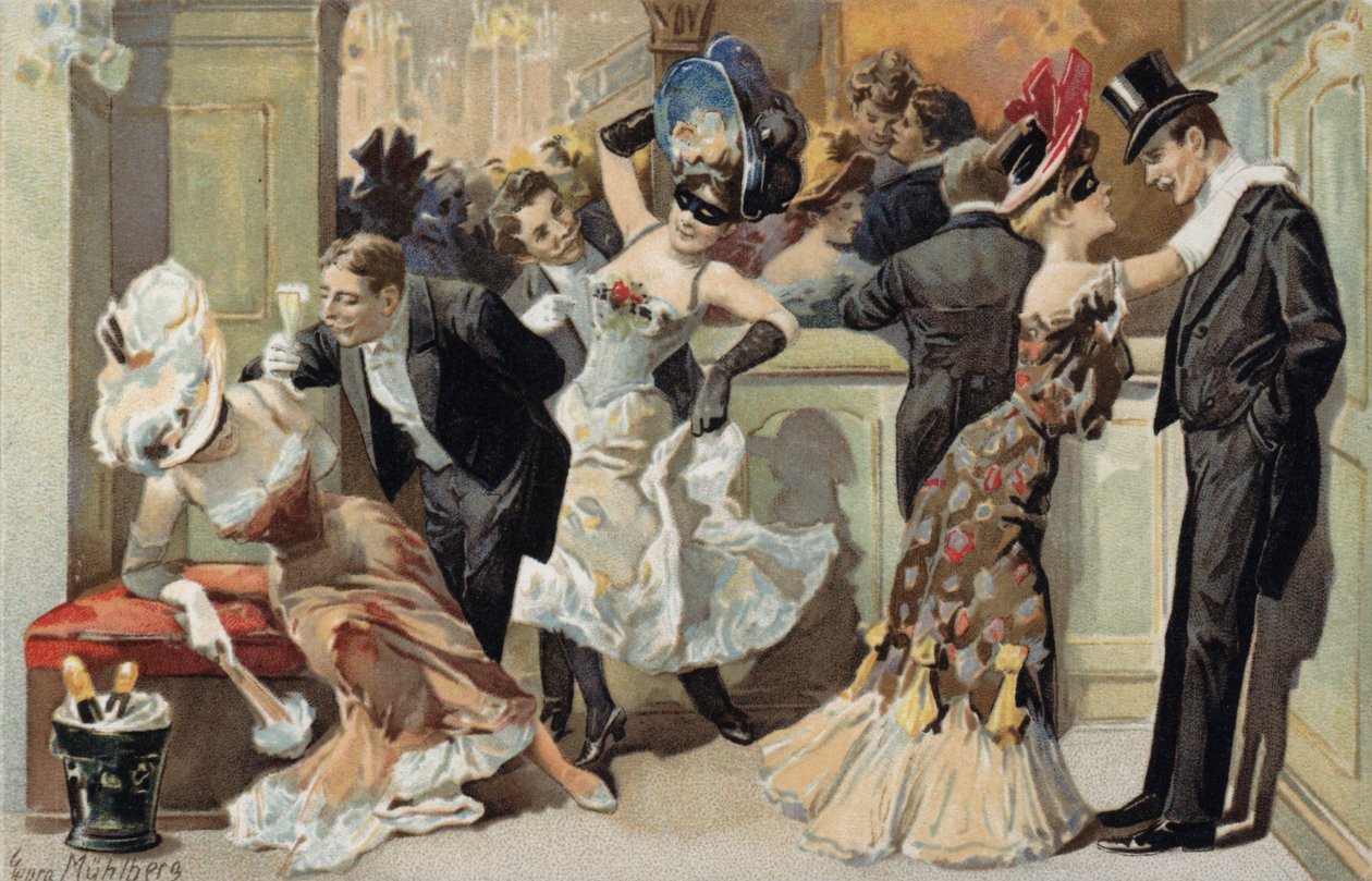 Masked Ball, with Men and Women Drinking Champagne by European School