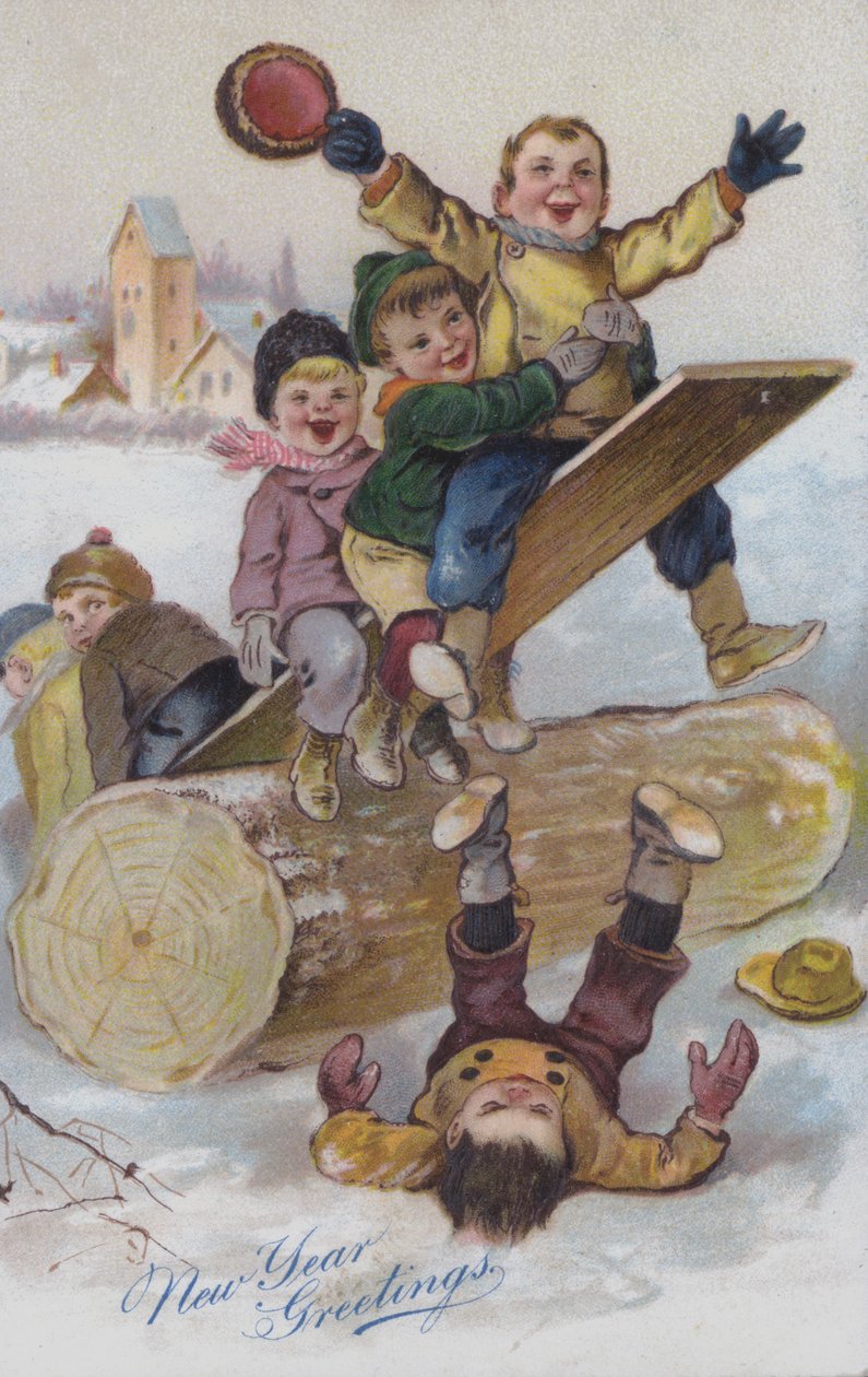New Year Greetings Card Depicting Children Playing in the Snow by European School