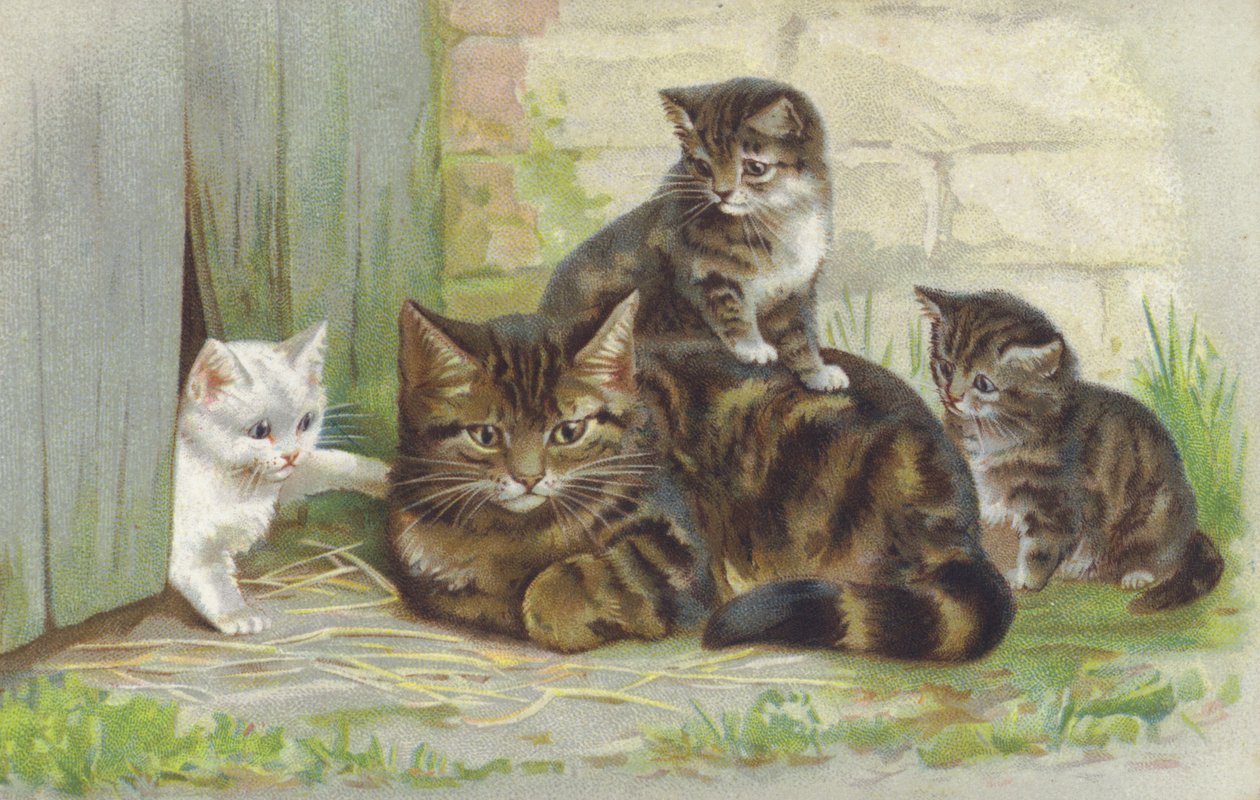 Tabby Cat with Three Kittens by European School