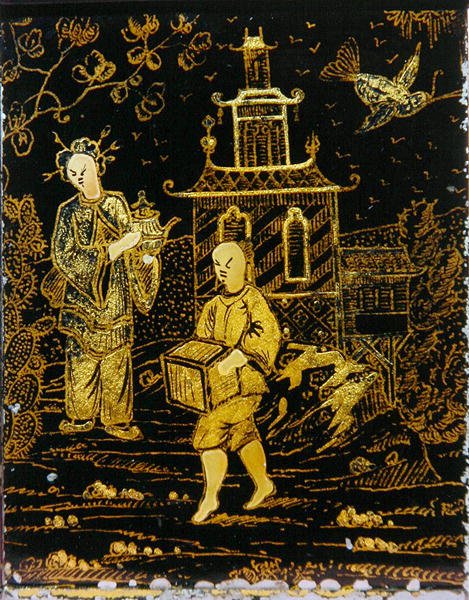 Tea Caddy in the Chinese Manner Depicting a Porter and a Lady Carrying a Teapot by European School