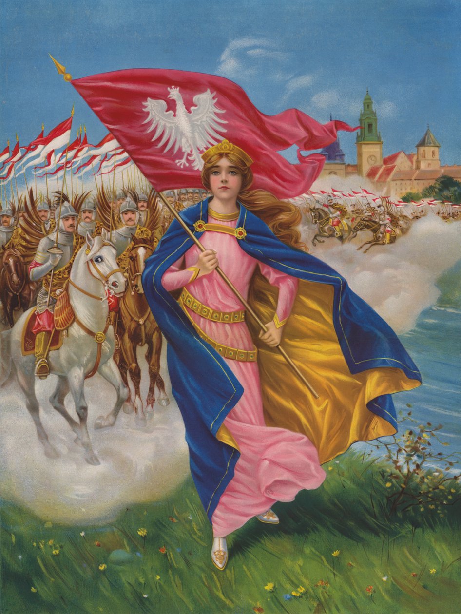 Young Female Saint Holding a Banner Displaying the Polish White Eagle, Followed by Polish Soldiers on Horseback by European School